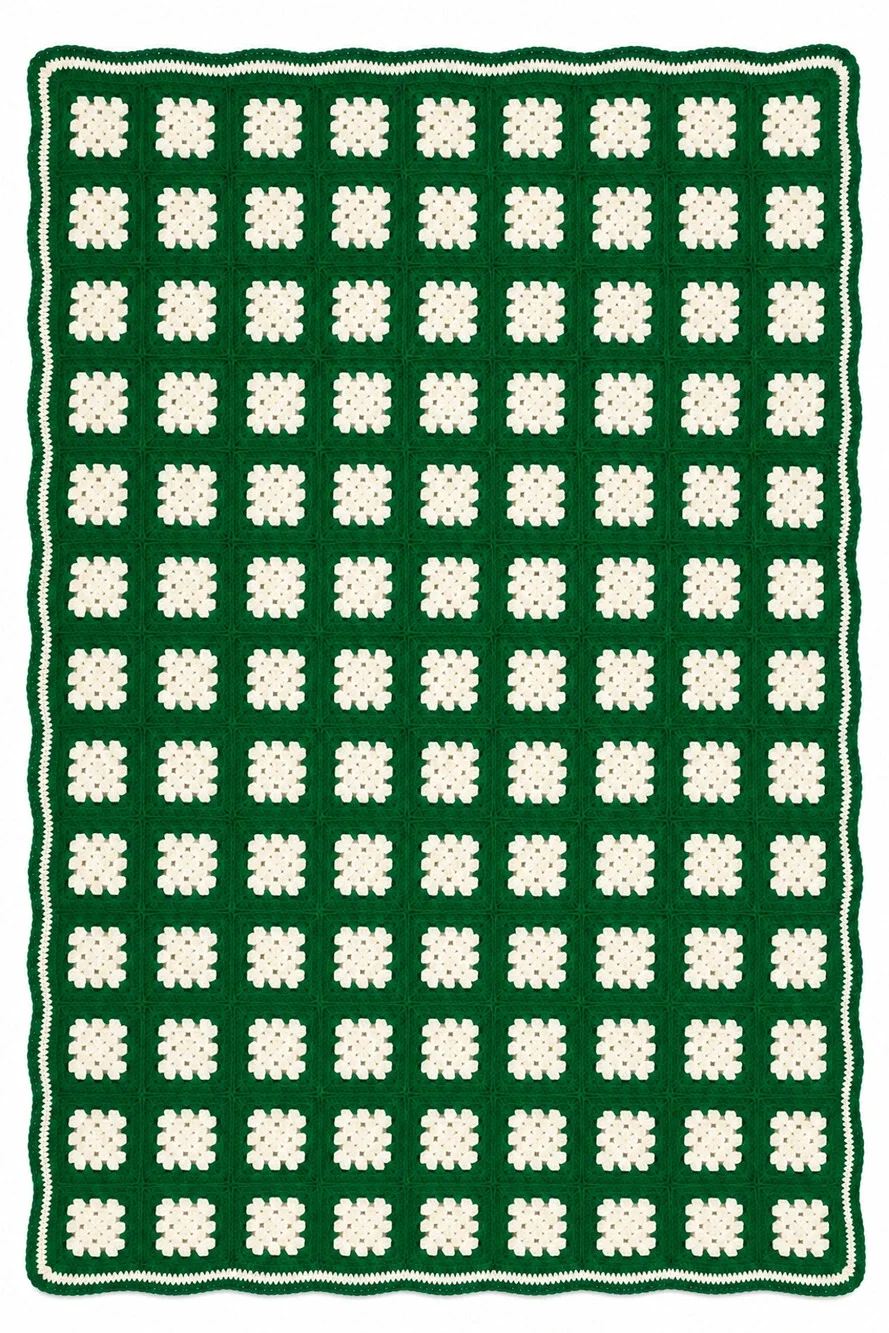 Vintage Granny Square Rectangle Afghan Hand Crochet Green Throw Blanket 72x49